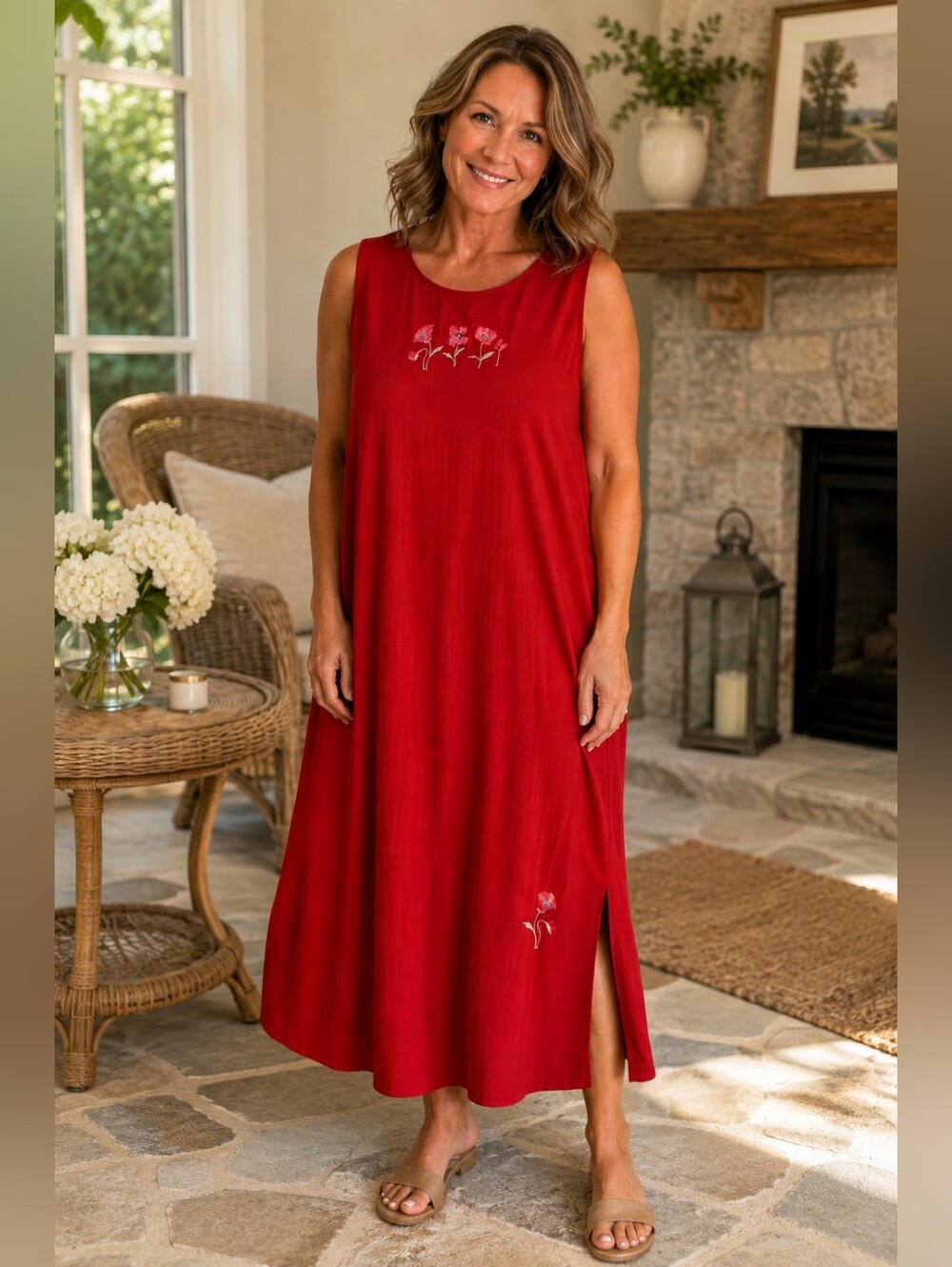 NWT Vintage Teddi Red Embroidered Poppy Maxi Dress Plus Size 2X Crepe Slit 90s - Picture 1 of 12